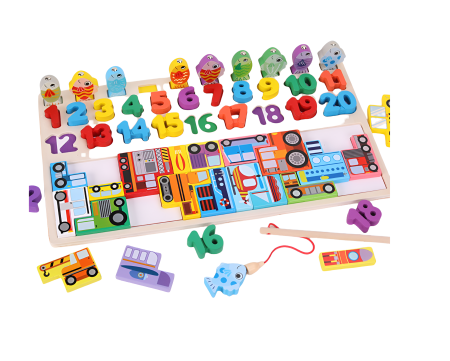 Educative si montessori - Puzzle Montessori 3 în 1 – Numere 1–20, Pescuit Magnetic și Puzzle Vehicule din Lemn
