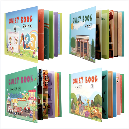 Educative si montessori - Quiet Book Montessori cu Activități – 4 Modele: Numere, Legume, Vehicule, Animale | Carte Educațională Interactivă pentru Copii
