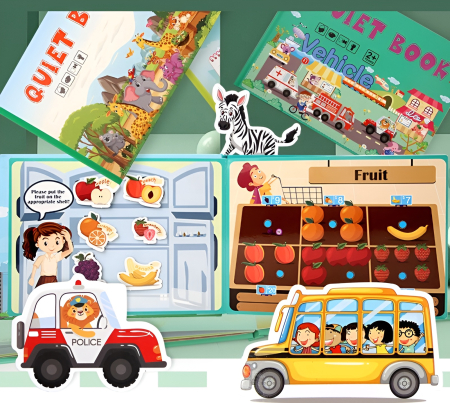 Quiet Book Montessori cu Activități – 4 Modele: Numere, Legume, Vehicule, Animale | Carte Educațională Interactivă pentru Copii [3]