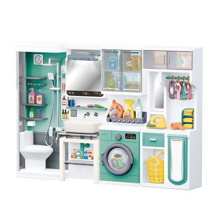 Papusi si accesorii - Set Baie și Spălătorie de Jucărie – Home Toilet Shower Room, Cu Duș, Chiuvetă, Mașină de Spălat și Accesorii – Mega Set Realist 54 cm, 3+
