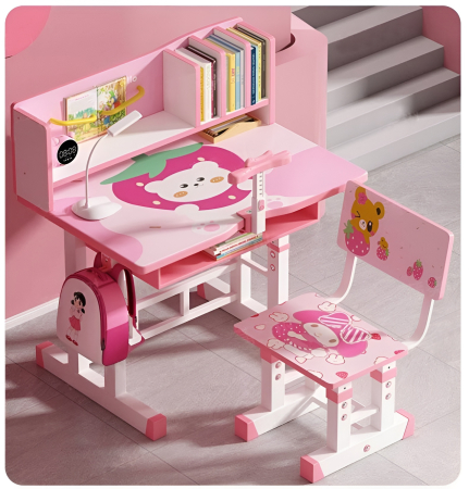 Balansoare si birouri - Set Birou și Scaun pentru Copii – Reglabil, cu Rafturi, Suport Cărți și Design Ursuleț Roz – Ideal pentru Studiu și Joacă
