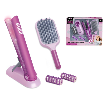 Set Coafor Jucărie Salon Equipments – Placă de Îndreptat cu Lumină, Perie și Bigudiuri, Set Hair Styling 3+ [2]