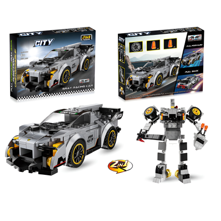 Lego si constructii - Set Construcție 2-în-1 Mașină de Curse Gri & Robot Transformabil – 280 Piese, City Flash, Pull-Back