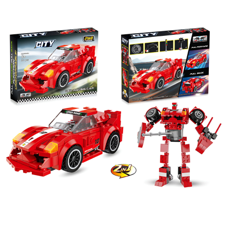 Lego si constructii - Set Construcție 2-în-1 Mașină de Curse Roșie & Robot Transformabil – 240 Piese, City Racing, Pull-Back