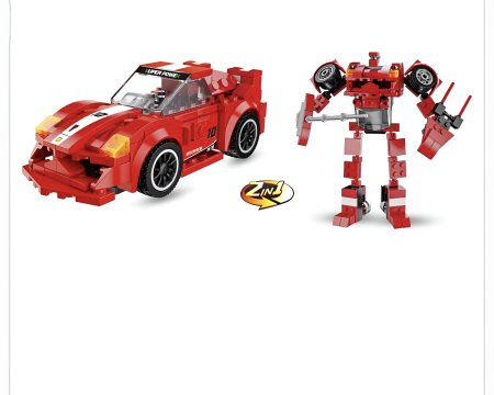 Set Construcție 2-în-1 Mașină de Curse Roșie & Robot Transformabil – 240 Piese, City Racing, Pull-Back [1]