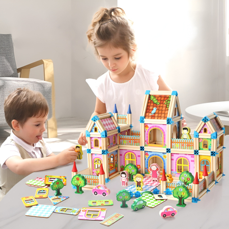 Educative si montessori - Set Construcție Castel din Lemn 128 Piese – Structuri 3D, Conectori, Personaje și Accesorii Educaționale