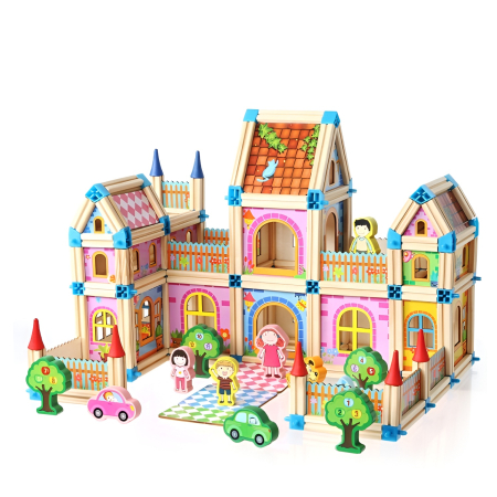 Set Construcție Castel din Lemn 128 Piese – Structuri 3D, Conectori, Personaje și Accesorii Educaționale [3]