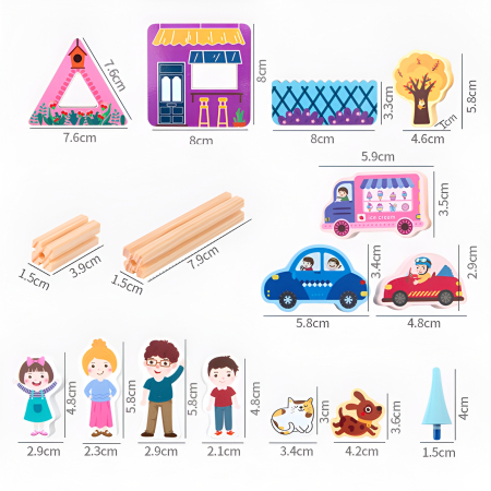 Set Construcție Oraș 278 Piese – Jucărie din Lemn cu Magazine, Personaje și Vehicule, Building Blocks 36+ [3]