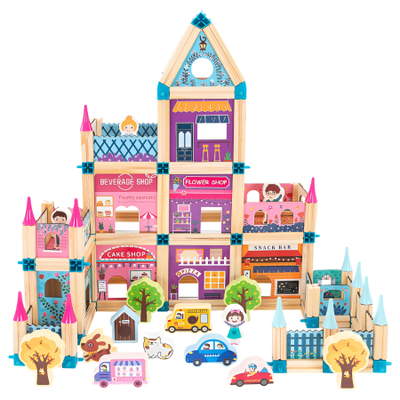 Lego si constructii - Set Construcție Oraș 278 Piese – Jucărie din Lemn cu Magazine, Personaje și Vehicule, Building Blocks 36+