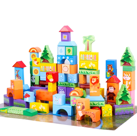 Educative si montessori - Set cuburi din lemn cu animale pentru copii – Joc educativ de construcție, 100 piese, 3+ ani