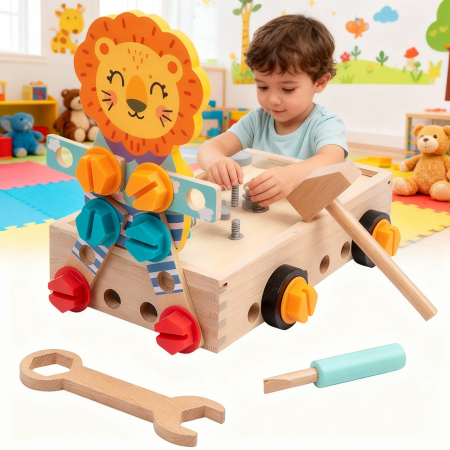 Noutati - Set de Construcție și Bricolaj din Lemn pentru Copii – 44 Piese Colorate, Joc Educativ Montessori cu Șuruburi, Piulițe și Unelte, 3+ Ani