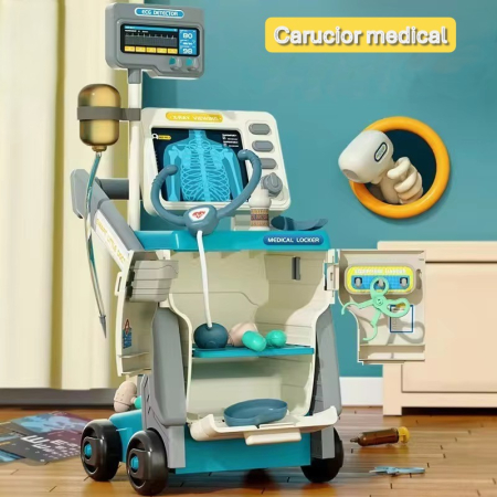 Educative si montessori - Set de joaca „Carucior Medical / Medical Cart” – Troler joc de rol doctor cu accesorii, lumini & sunete
