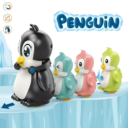 Noutati - Set Interactiv Pinguini Magnetici cu Muzică – Jucărie educativă de mers cu atracție magnetică, 4 pinguini colorați, mișcare și sunete, pentru copii 3+ ani