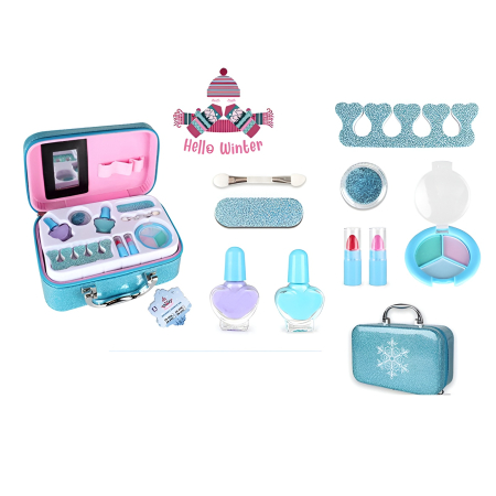 Promotii - Set Machiaj Copii cu Geantă Albastră – Makeup Kit Non-Toxic, Oje, Farduri, Rujuri, Accesorii