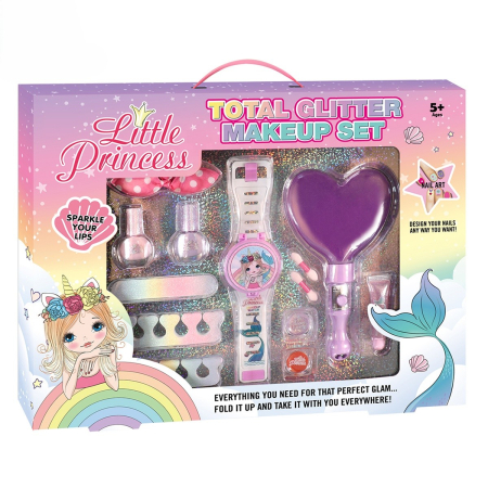 Papusi si accesorii - Set Machiaj Copii Little Princess – Total Glitter Makeup, Lacuri, Gloss, Paletă Ascunsă în Ceas, Lampă Heart cu Lumină, 5+