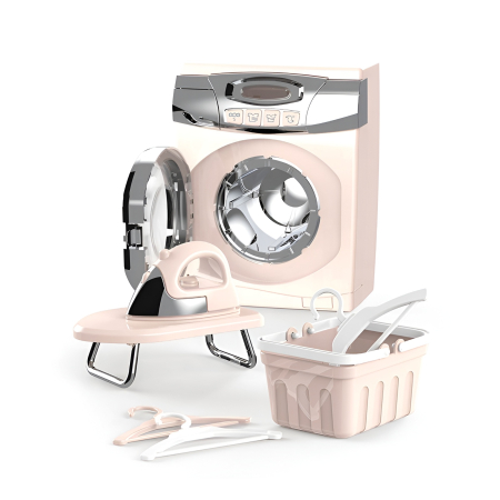 Noutati - Set Mașină de Spălat Jucărie cu Sunete & Rotire – Mini Iron, Coș de Rufe și Accesorii | Jucărie de Rol pentru Fetițe