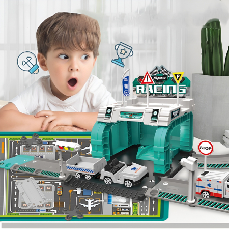 Set Pompieri & Ambulanță cu Piste și Vehicule Metalice – Stație de Salvare cu Semne de Circulație, Echipamente și Elicopter [3]