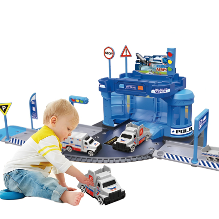 Masinute si piste - Set Pompieri & Ambulanță cu Piste și Vehicule Metalice – Stație de Salvare cu Semne de Circulație, Echipamente și Elicopter