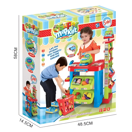 Set Supermarket Copii Smart Market – 80 cm, Casă de Marcat, Coș, Legume & Fructe, 60+ Piese [6]