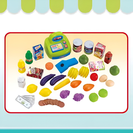 Set Supermarket Copii Smart Market – 80 cm, Casă de Marcat, Coș, Legume & Fructe, 60+ Piese [3]