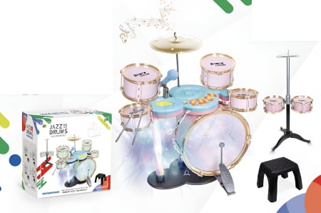 Educative si montessori - Set Tobă Copii Jazz Drums – 5 Tobe + Cinele + Pedală + Scaun, 63 cm, Roz, Microfon Inclus