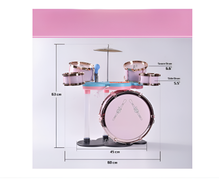 Set Tobă Copii Jazz Drums – 5 Tobe + Cinele + Pedală + Scaun, 63 cm, Roz, Microfon Inclus [2]