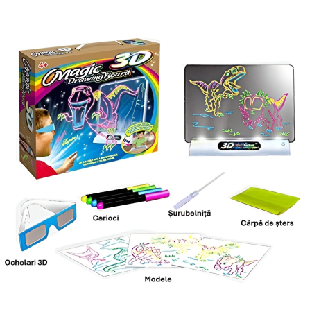 Tablă de desen 3D Magic Drawing Board cu lumini LED – Ochelari 3D incluși, 4 carioci colorate, modele și cârpă de șters, joc educativ creativ pentru copii 4+ ani [2]