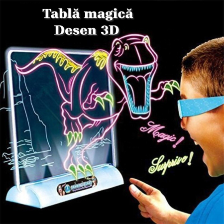 Tablă de desen 3D Magic Drawing Board cu lumini LED – Ochelari 3D incluși, 4 carioci colorate, modele și cârpă de șters, joc educativ creativ pentru copii 4+ ani [3]