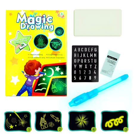 Educative si montessori - Tablă de desen Magic Drawing cu lumină LED, marker fluorescent și șabloane, jucărie educativă creativă pentru copii 3+ ani