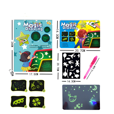 Educative si montessori - Tablă de desen Magic Drawing cu lumină LED, șabloane și marker fluorescent, jucărie educativă creativă pentru copii 3+ ani