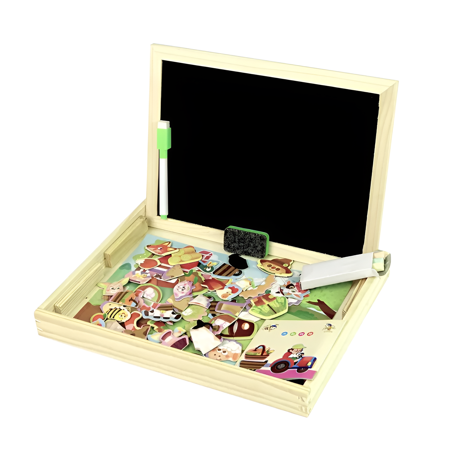 Tabla educativă 3 in 1 din lemn, magnetică și pentru creta, natural/multicolor, 30x23x3cm [4]