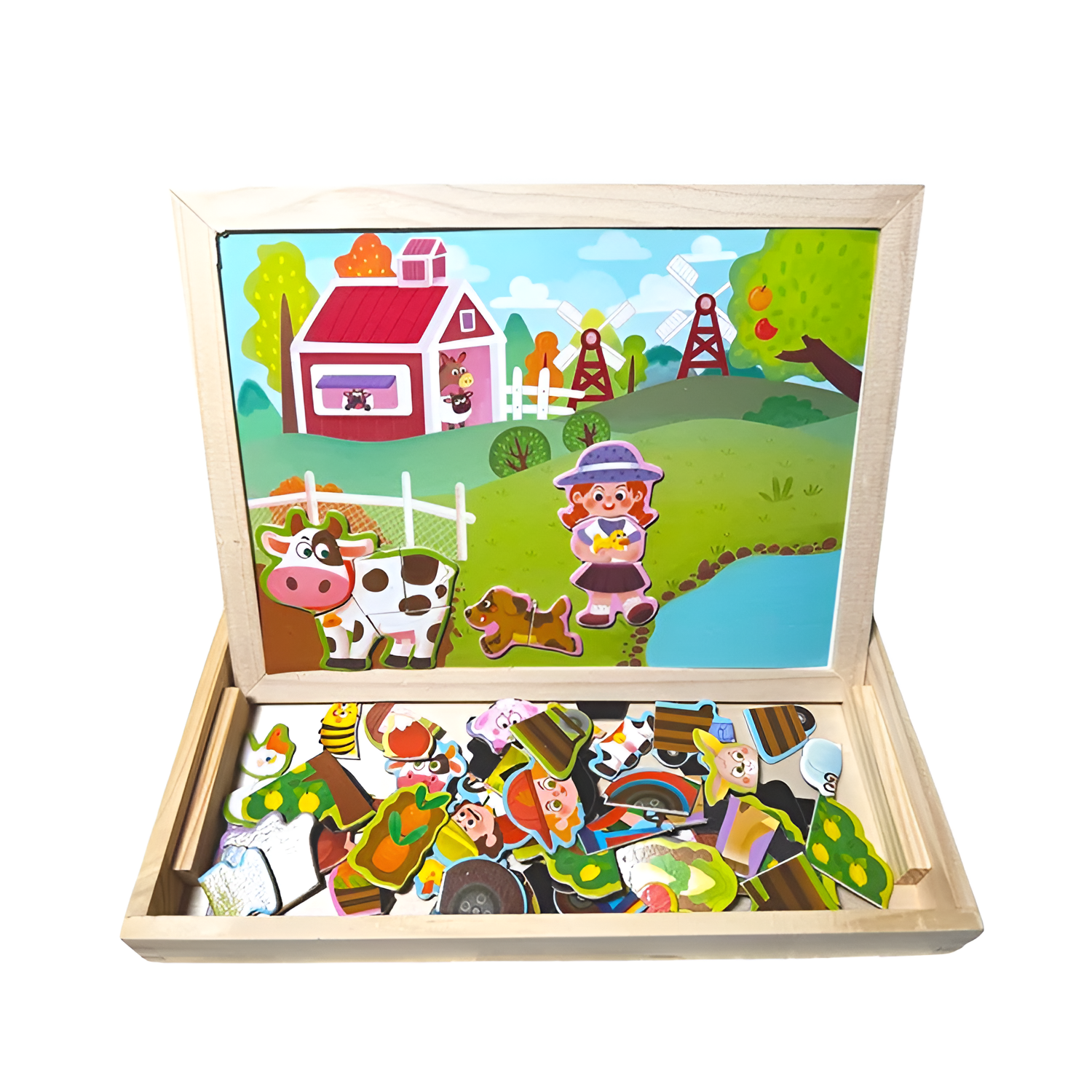 Tabla educativă 3 in 1 din lemn, magnetică și pentru creta, natural/multicolor, 30x23x3cm [1]