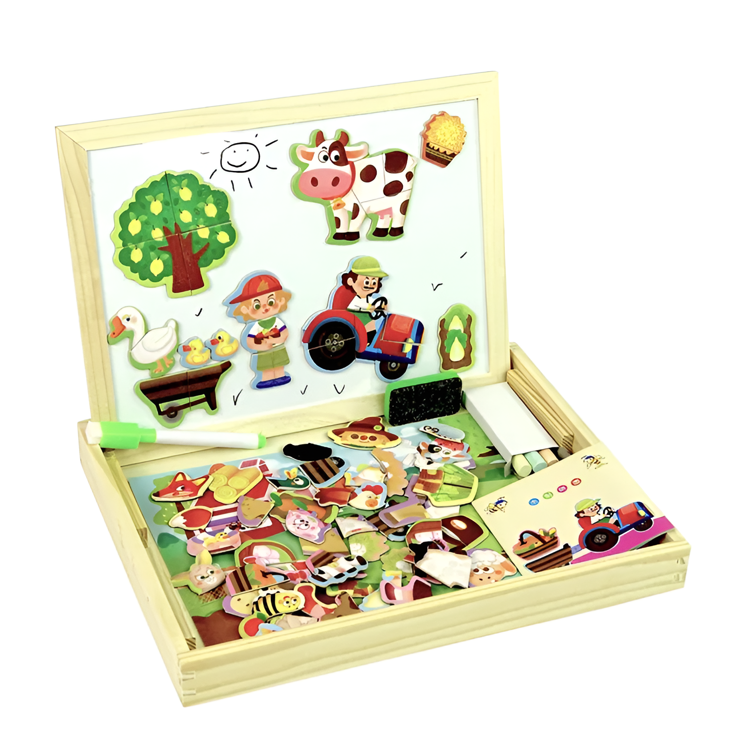 Noutati - Tabla educativă 3 in 1 din lemn, magnetică și pentru creta, natural/multicolor, 30x23x3cm