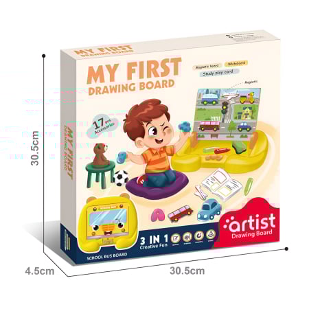 Tablă educativă 3 în 1 „My First Drawing Board” tip autobuz școlar – magneti, tablă albă pentru scris, joc educativ interactiv pentru copii, 17 accesorii incluse [3]