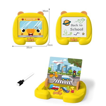Noutati - Tablă educativă 3 în 1 „My First Drawing Board” tip autobuz școlar – magneti, tablă albă pentru scris, joc educativ interactiv pentru copii, 17 accesorii incluse