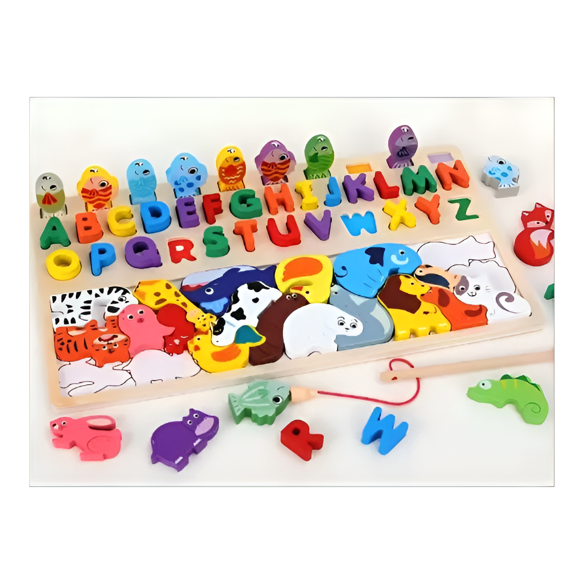 Tabla educativa multifunctională Montessori, puzzle pescuit magnetic, alfabet, tetris cu animaluțe, lemn, 3 in 1 [1]