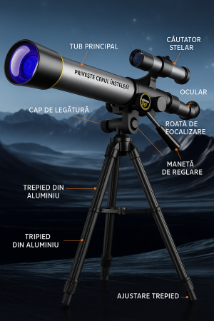Noutati - Telescop Astronomic pentru Copii și Începători – Cu Trepied din Aluminiu, Oculare Interșchimbabile și Suport Telefon, 42 cm