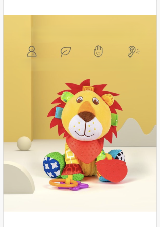 ucărie senzorială pentru bebeluși tip leu – Pluș educativ cu texturi, sunete și elemente de dentiție, 0 luni+