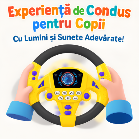 Noutati - Volan Interactiv pentru Copii cu Sunete Realiste – Poliție, Ambulanță, Pompieri, Claxon, Pornire Motor, Jucărie Educativă cu Efecte Luminoase, Culoare Galbenă