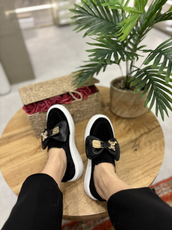 Incaltaminte - Mocasini negri din piele cu funda si accesoriu