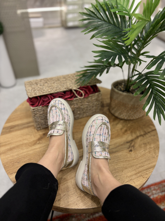 Incaltaminte - Mocasini roz pudra din textil cu piele