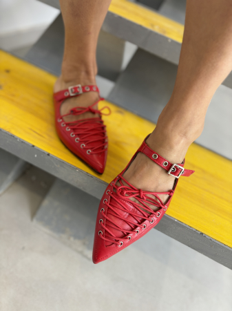 Incaltaminte - Saboti CHARLIZE ROSII din piele cu siret