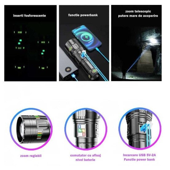 Lanterna profesionala 3000 M, 4 acumulatori, Incarcare USB, Flash [7]