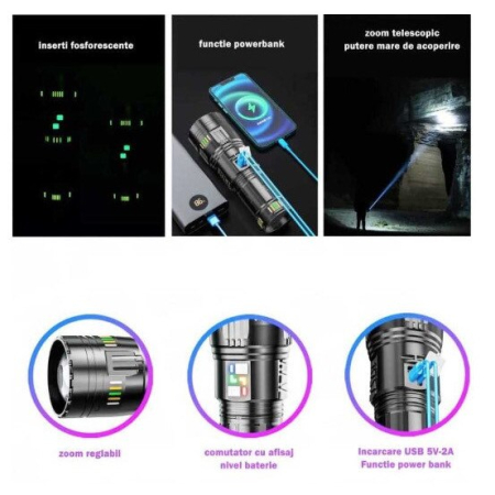 Lanterna profesionala 3000 M, 4 acumulatori, Incarcare USB, Flash [6]