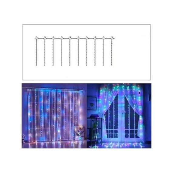 Instalație Perdea LED 3x3m – 300 LED-uri, Multicolor/Alb Cald, Telecomandă, 8 Moduri, Rezistentă la Apă [2]