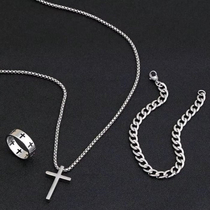 Set Bijuterii Bărbați din Oțel Inoxidabil – Cruce, Inel și Brățară [1]