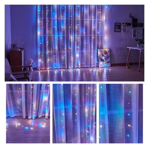 Casa - Instalație Perdea LED 3x3m – 300 LED-uri, Multicolor/Alb Cald, Telecomandă, 8 Moduri, Rezistentă la Apă