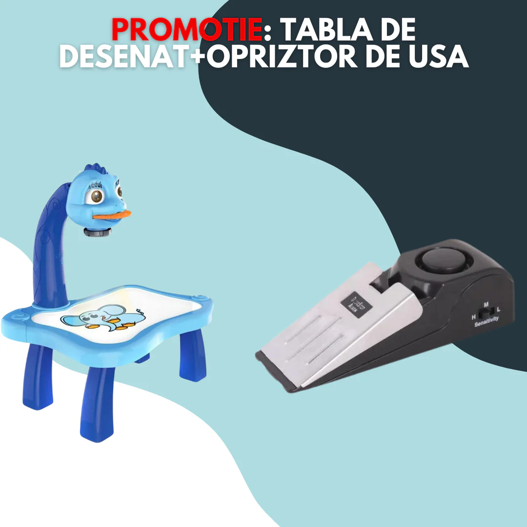 Juniori - Set tabla de desenat pentru copii cu proiector + Opritor usa cu alarma, 120 dB, 9v