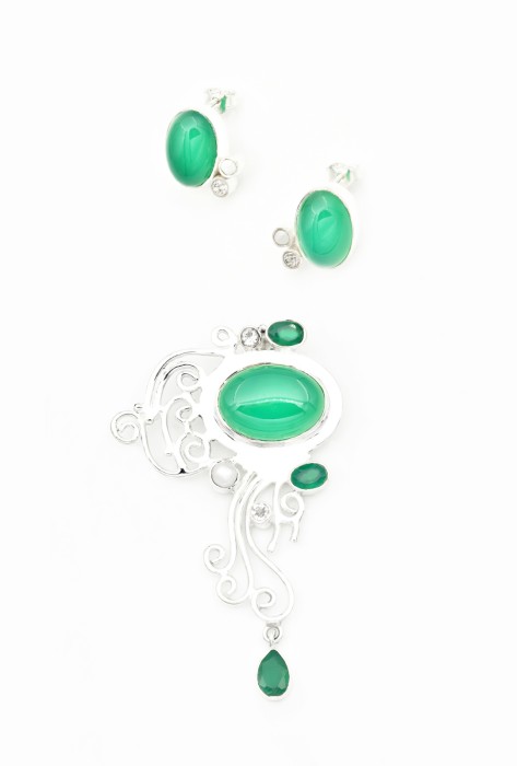 Set Cercei si Pandantiv din Argint 925 cu Onix Verde si Perla [2]