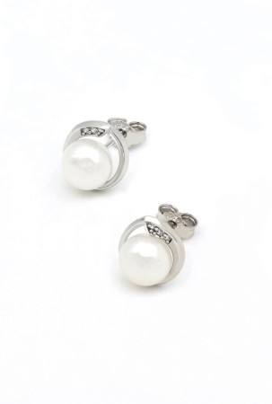 UNIQUE DESIGN COLLECTION - Cercei din Argint 925 placat cu Rodiu, Zirconii si Perla rotunda alba, 1.2 cm